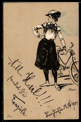 Künstler-AK Arthur Heyer: Junge Dame mit Fahrrad