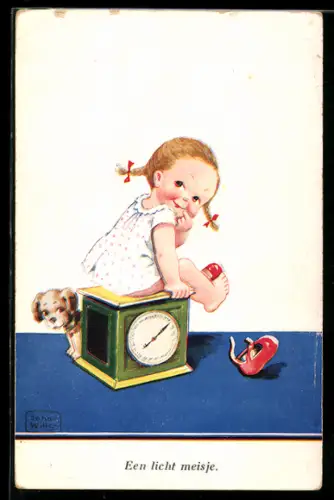 Künstler-AK John Wills: Kleines Mädchen sitzt auf der Waage