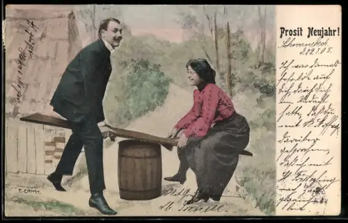 Künstler-AK H. Krenes: Paar sitzt fröhlich auf einer Wippe, Prosit Neujahr!