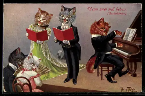 Künstler-AK Arthur Thiele: vermenschlichte Katzen singen mit Klavierbegleitung