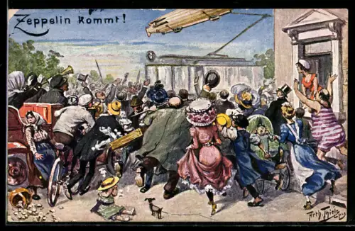 Künstler-AK Arthur Thiele: Schaulustige drängeln sich um einen Zeppelin zu sehen