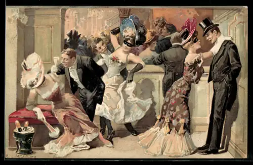 Künstler-AK Georg Mühlberg: Angetrunkene Gäste auf einem Maskenball