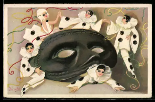 Künstler-AK Carlo Chiostri: Pierrots tanzen um eine Maske herum