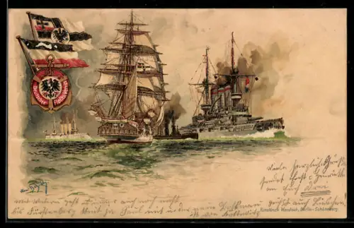 Künstler-AK Hans Bohrdt: Kriegsschiff passiert ein Segelschiff, Deutscher Flottenverein, Reichskriegsflagge