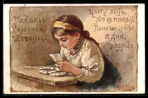 Künstler-AK Elisabeth Boehm / Bem: Mädchen mit Kopftuch mit Spielkarten