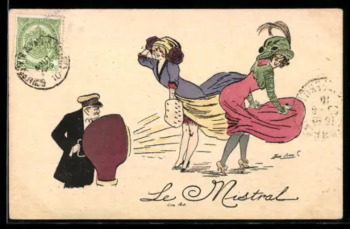 Künstler-AK Xavier Sager: Hübsche Frauen halten ihre Röcke bei starkem Wind fest