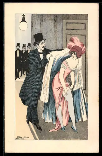 Künstler-AK Xavier Sager: Feiner Herr legt einer schönen Frau den Mantel über die Schultern