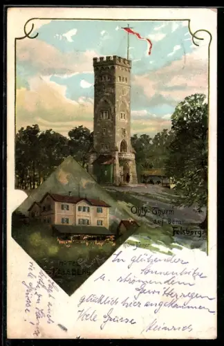 Künstler-AK Zeno Diemer: Lautertal, Ohly-Thurm auf dem Felsberg, Hotel