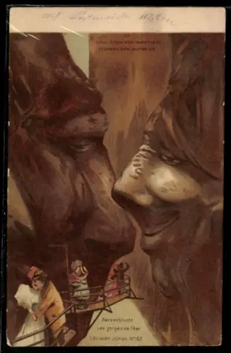 Lithographie Killinger Nr. 102, Liebespaare wandern durch die Aareschlucht, Berg mit Gesicht / Berggesichter