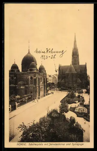 AK Hörde, Schillerplatz mit Jahndenkmal und Synagoge