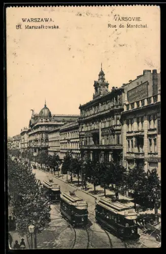 AK Warszawa, Ul. Marszalkowska, Strassenbahn