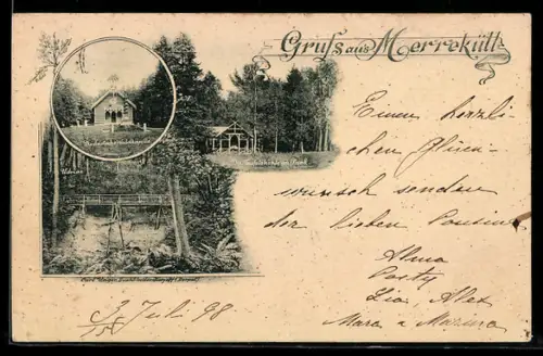 AK Merreküll, Die deutsche Waldkapelle, Teufelshöhle im Park, Brücke im Wald