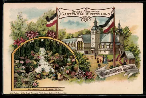 Lithographie Berlin, Grosse Allgemeine Gartenbau-Ausstellung 1897, Alpenpartie der Haupthalle, Aussenansicht Haupthalle