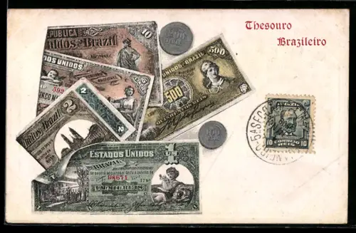 AK Brasilien, Estados Unidos Geldschein und Münzen