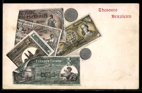 AK Brasilien, Estados Unidos Geldschein und Münzen