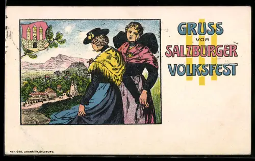 AK Salzburg, Volksfest, Frauen in Tracht mit Teilansicht