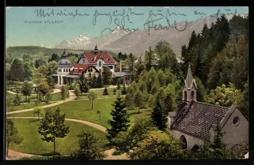 AK Villach, Kirche mit Bergpanorama