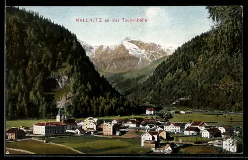 AK Mallnitz an der Tauernbahn, Panorama mit Kirche und Bergen