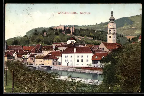 AK Wolfsberg /Kärnten, Ortsansicht mit Schloss, Kirche und Fluss