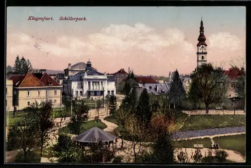 AK Klagenfurt, Schillerpark mit Pavillon und Kirche