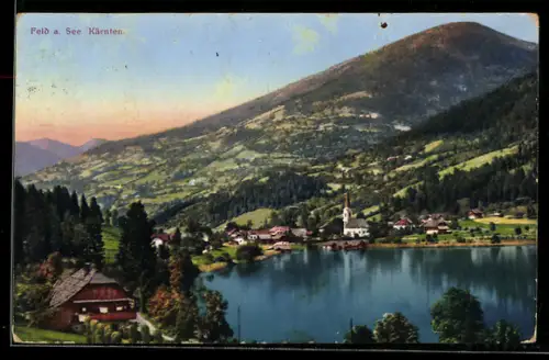 AK Feld a. See, Ortsansicht mit Kirche, See und Bergpanorama