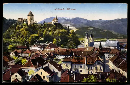 AK Friesach /Kärnten, Panorama mit Burg und Kirche
