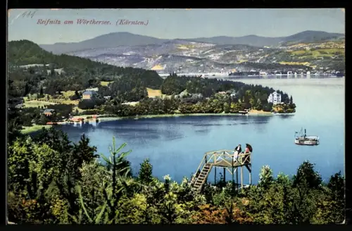 AK Reifnitz am Wörthersee, Panorama mit See, Aussichtsplattform und Dampfer