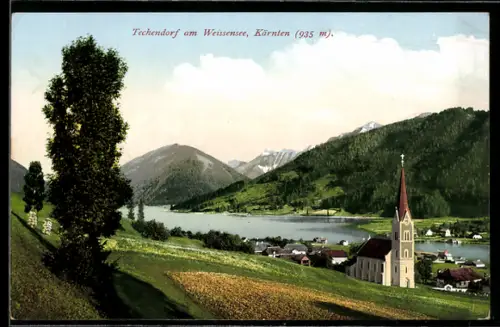 AK Techendorf am Weissensee, Dorf mit Kirche, See und Bergpanorama