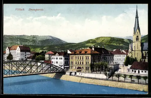 AK Villach, Draupartie mit Brücke und Kirche