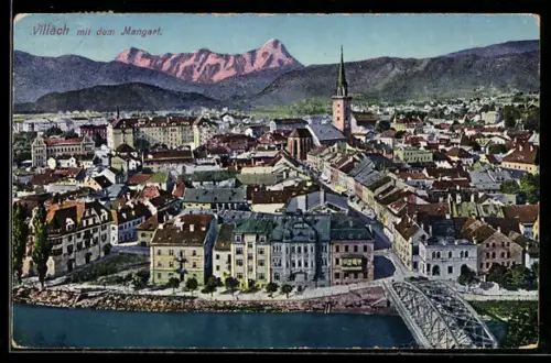 AK Villach, Stadtpanorama mit Mangart