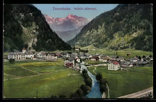 AK Mallnitz /Kärnten, Tauernbahn, Ortsansicht mit Kirche und Bach