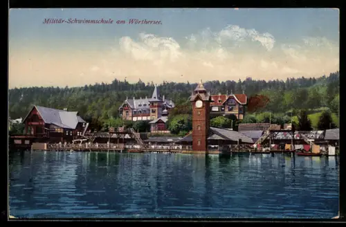 AK Wörthersee, Militär-Schwimmschule am Wörthersee, Seepanorama mit Uferbauten und Uhrturm