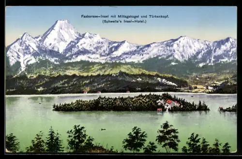 AK Faakersee, Insel mit Schwelles Insel-Hotel, Mittagkogel und Türkenkopf