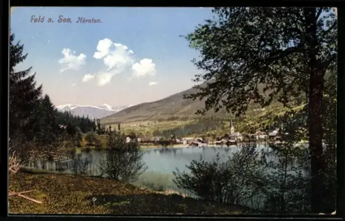 AK Feld a. See, Ortspanorama mit See und Kirche