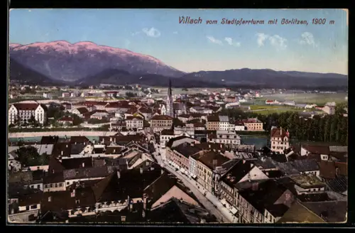 AK Villach, Blick vom Stadtpfarrturm mit Görlitzen, Ortsansicht