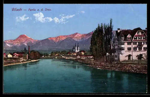 AK Villach, Partie an der Drau, mit Stadt-Kinematograph