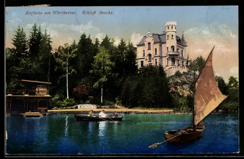 AK Reifnitz am Wörthersee, Schloss Bercht, See mit Ruder- und Segelbooten