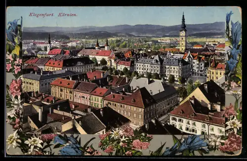 AK Klagenfurt /Kärnten, Totalansicht mit Kirchturm, Bergblumen