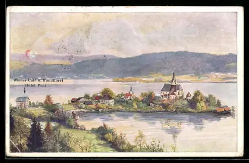 AK Maria Wörth, Hotel Post, Kirche am See