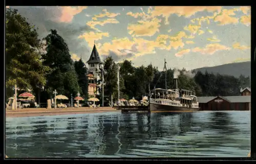 AK Pörtschach am Wörthersee, Wahlisstrand mit Dampfschiff und Turm