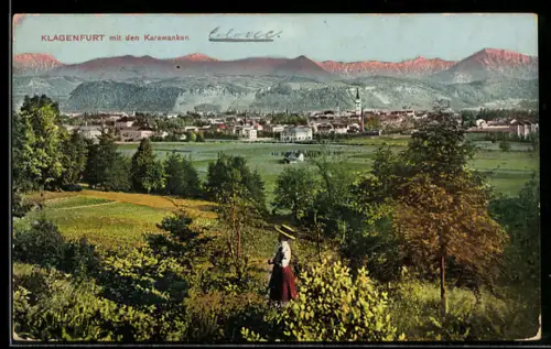 AK Klagenfurt, Stadtpanorama mit den Karawanken