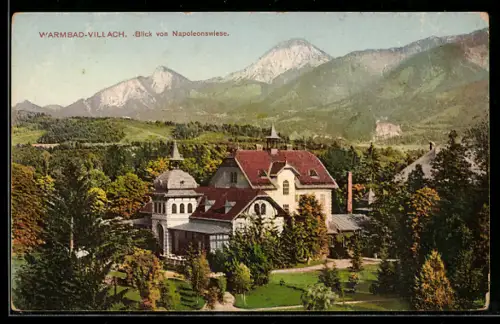 AK Warmbad-Villach, Blick von Napoleonswiese mit Kurhaus und Bergpanorama