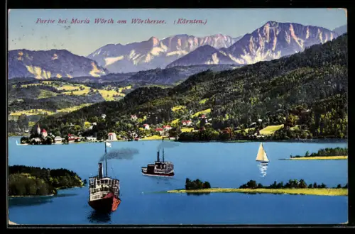 AK Maria Wörth am Wörthersee, Seeansicht mit Ort, Schiffen und Bergpanorama