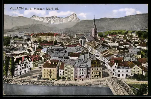 AK Villach, Stadtpanorama mit Mangart, Kirche, Brücke