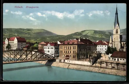 AK Villach, Draupartie mit Brücke und Ortsanorama