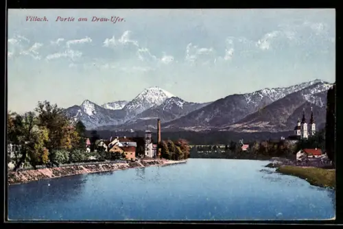 AK Villach, Partie am Drau-Ufer