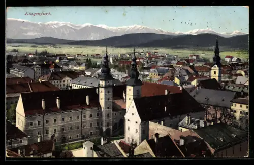 AK Klagenfurt, Teilansicht mit Kirchtürmen und Bergen aus der Vogelschau