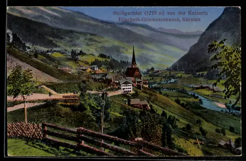 AK Heiligenblut /Kärnten, Panorama von der Kaiserin-Elisabeth-Glocknerstrasse mit Kirche