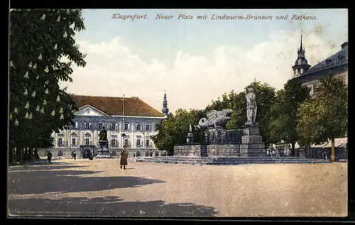 AK Klagenfurt, Neuer Platz mit Lindwurmbrunnen und Rathaus