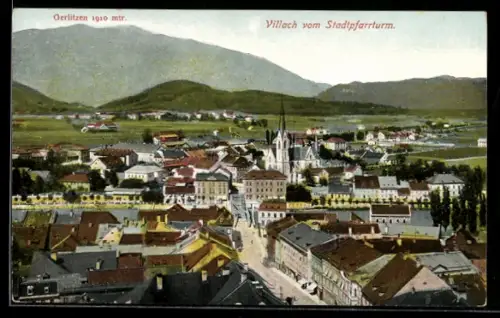 AK Villach, Teilansicht vom Stadtpfarrturm mit Kirche